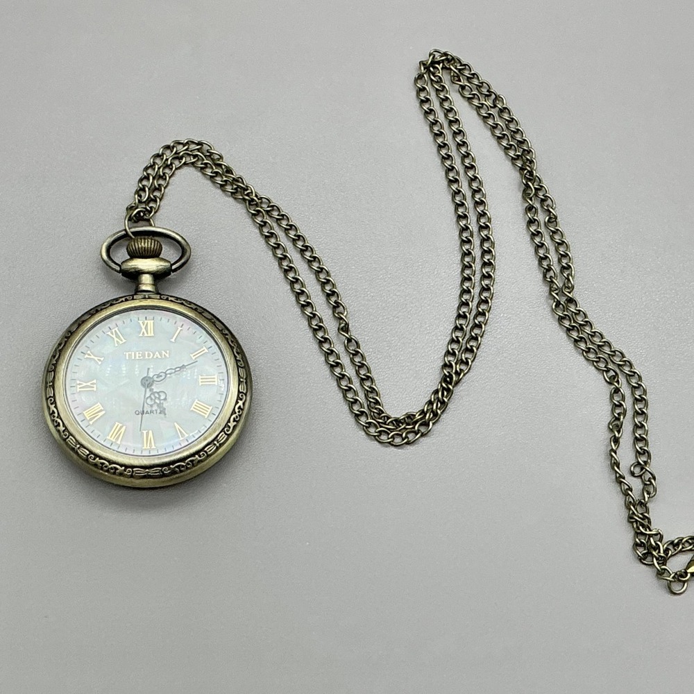 TIEDAN Pocket Watch White Dial Gold Tone Roman Numerals Pendant NEW BATTERY